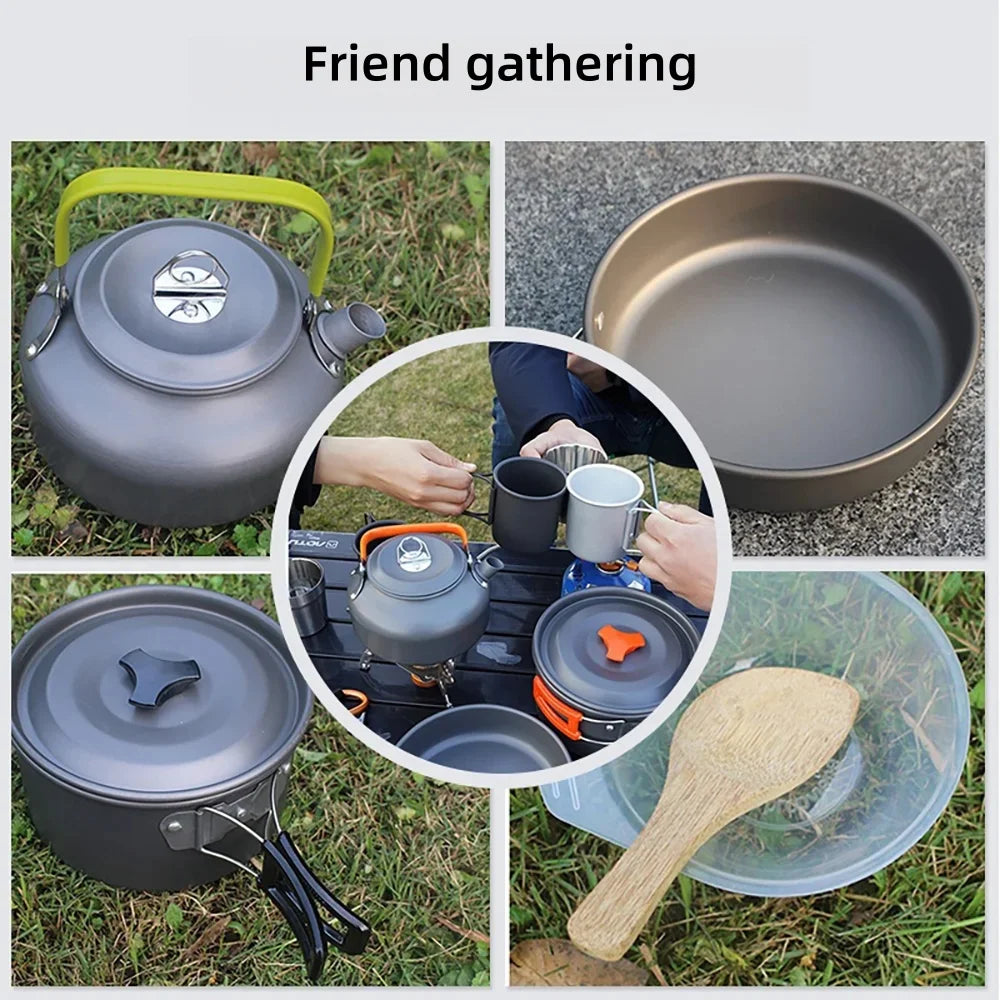 Outdoor cooking utensils, camping cookware, water heaters, tea pots, frying pans, portable outdoor stoves, camping tableware