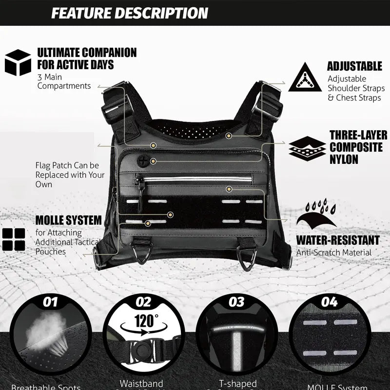 Outdoor Chest Bag For Men Front Rig Pouch Running Vest Phone Holder Tactical Sports Pack Hiking Fishing Molle Camping Backpack