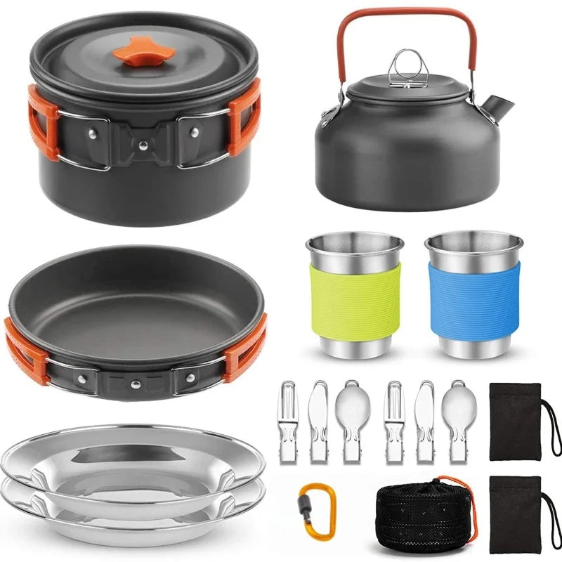 Outdoor cooking utensils, camping cookware, water heaters, tea pots, frying pans, portable outdoor stoves, camping tableware
