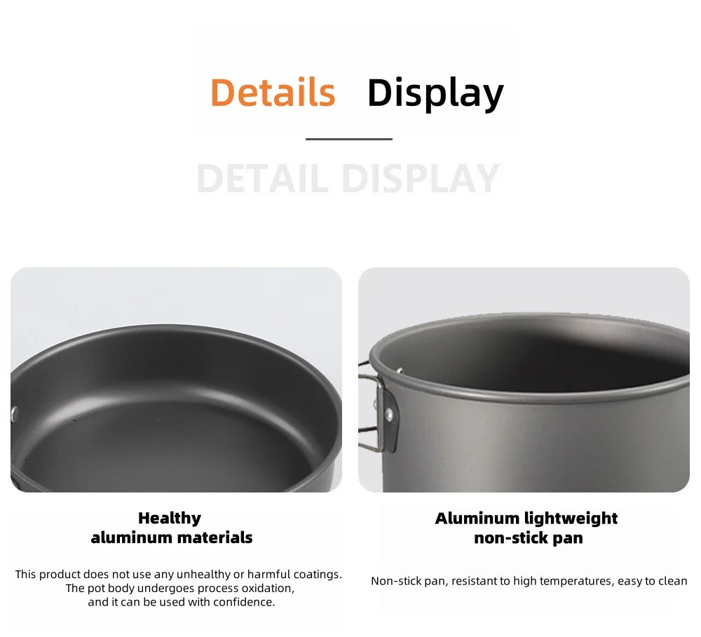 Outdoor cooking utensils, camping cookware, water heaters, tea pots, frying pans, portable outdoor stoves, camping tableware