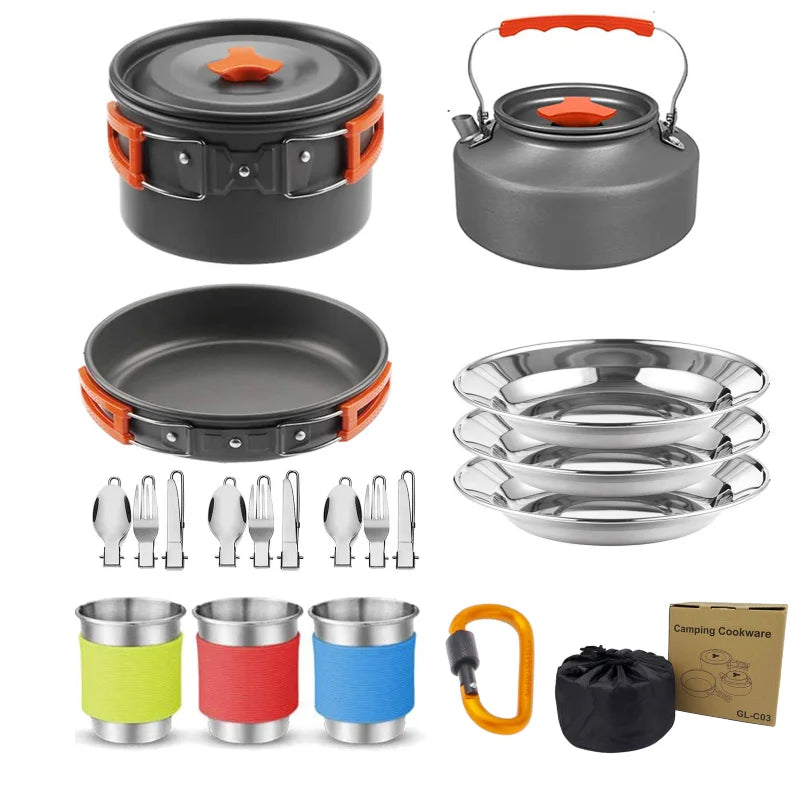 Outdoor cooking utensils, camping cookware, water heaters, tea pots, frying pans, portable outdoor stoves, camping tableware