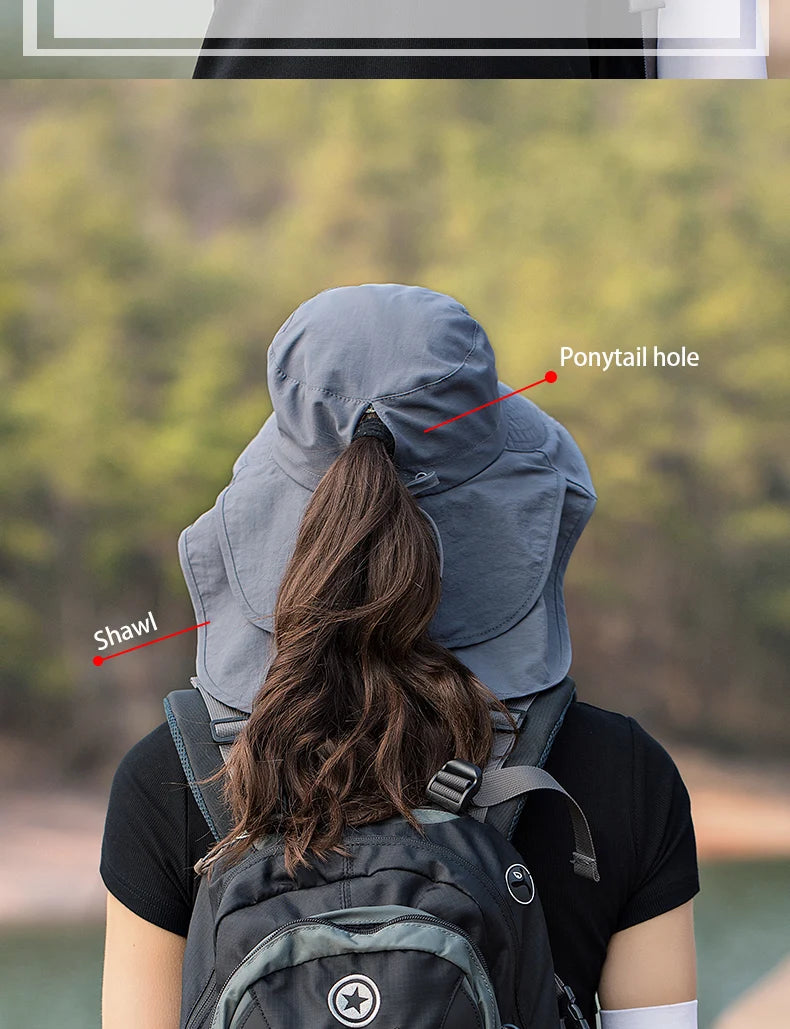 Summer Hat Women Outdoor UV Anti Neck Protection Sun Visor men Fishing Hiking Wide Brim Shawl Sunscreen Ponytail Cap undefine