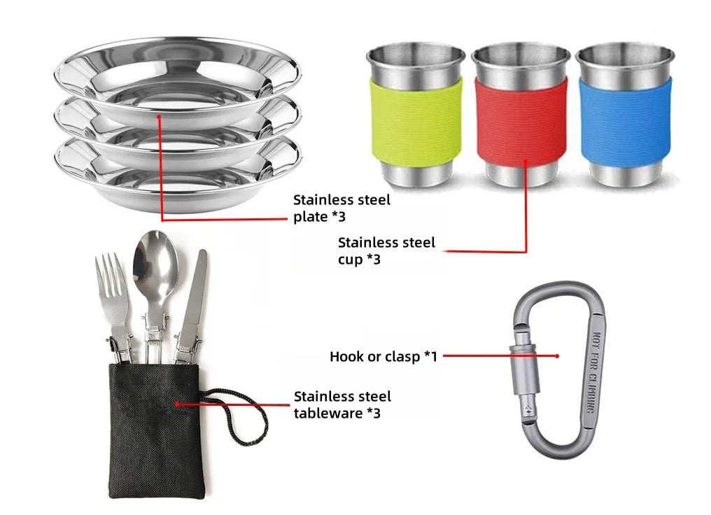 Outdoor cooking utensils, camping cookware, water heaters, tea pots, frying pans, portable outdoor stoves, camping tableware