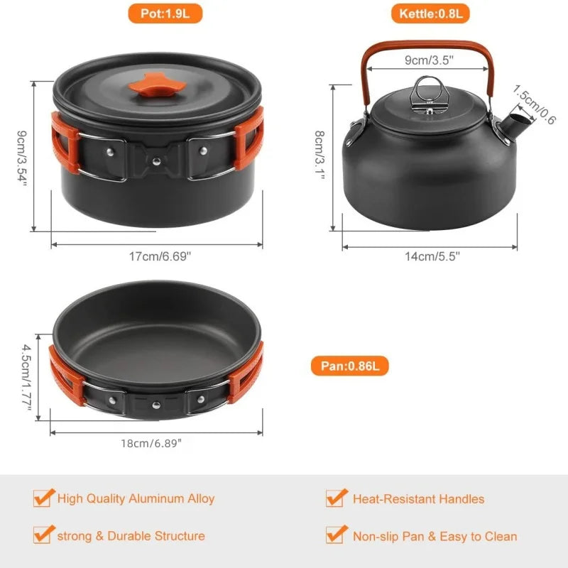 Outdoor cooking utensils, camping cookware, water heaters, tea pots, frying pans, portable outdoor stoves, camping tableware