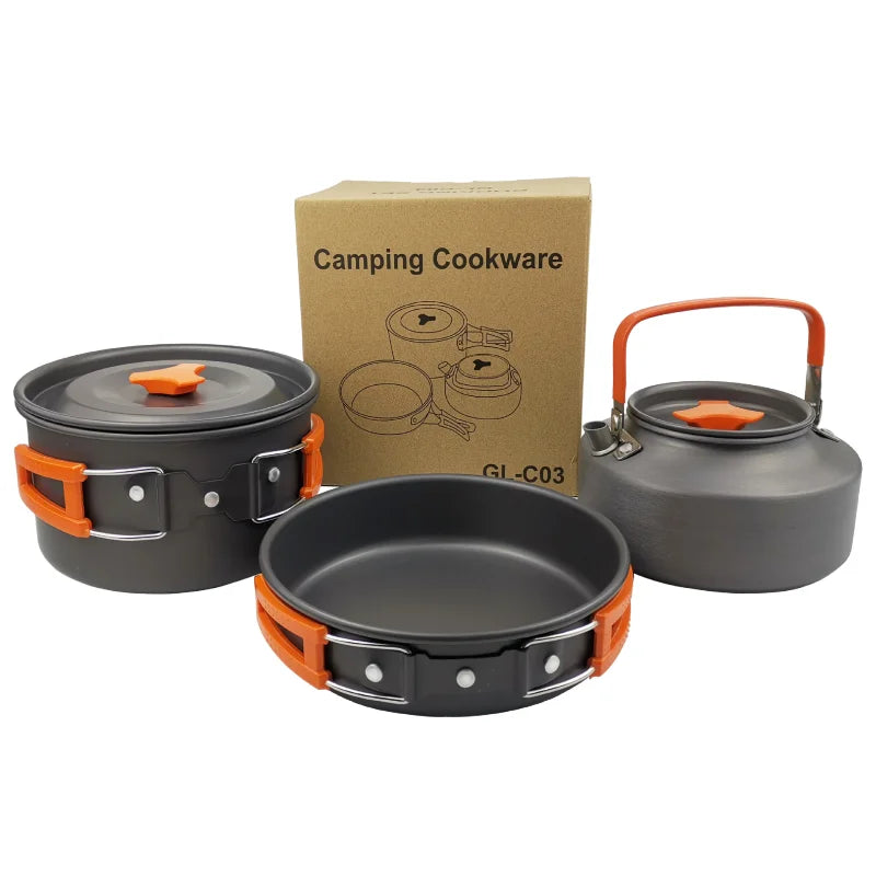 Outdoor cooking utensils, camping cookware, water heaters, tea pots, frying pans, portable outdoor stoves, camping tableware