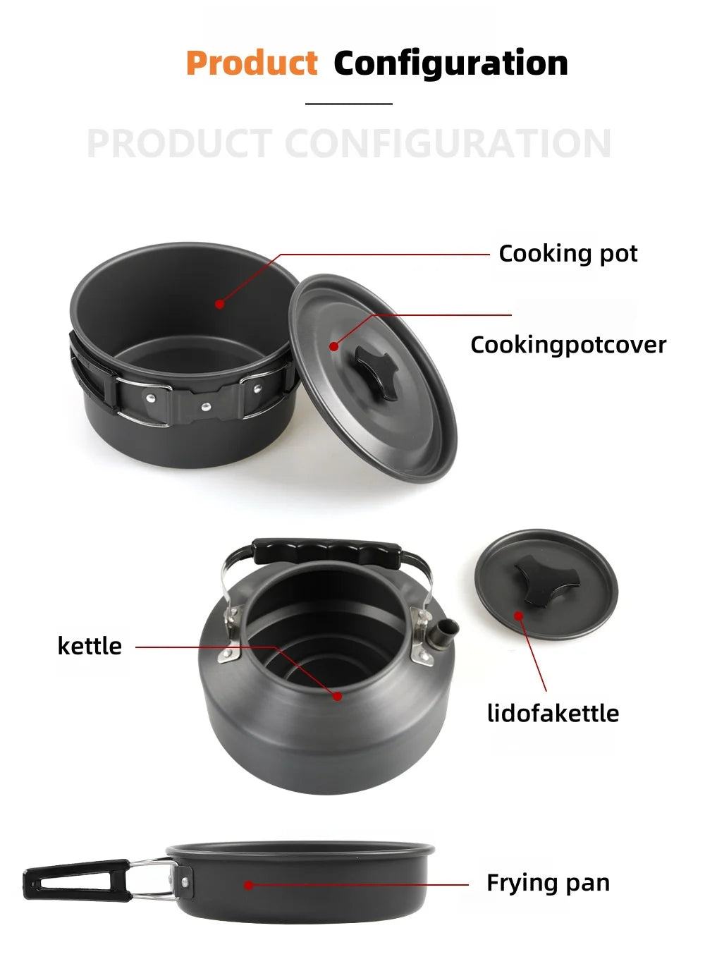 Outdoor cooking utensils, camping cookware, water heaters, tea pots, frying pans, portable outdoor stoves, camping tableware