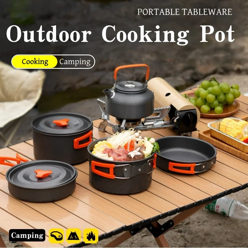 Outdoor cooking utensils, camping cookware, water heaters, tea pots, frying pans, portable outdoor stoves, camping tableware