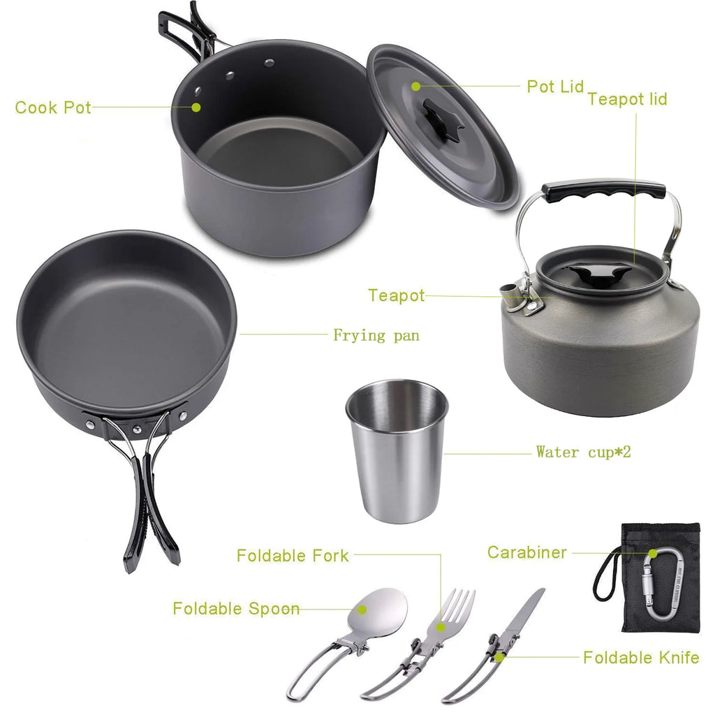 Outdoor cooking utensils, camping cookware, water heaters, tea pots, frying pans, portable outdoor stoves, camping tableware