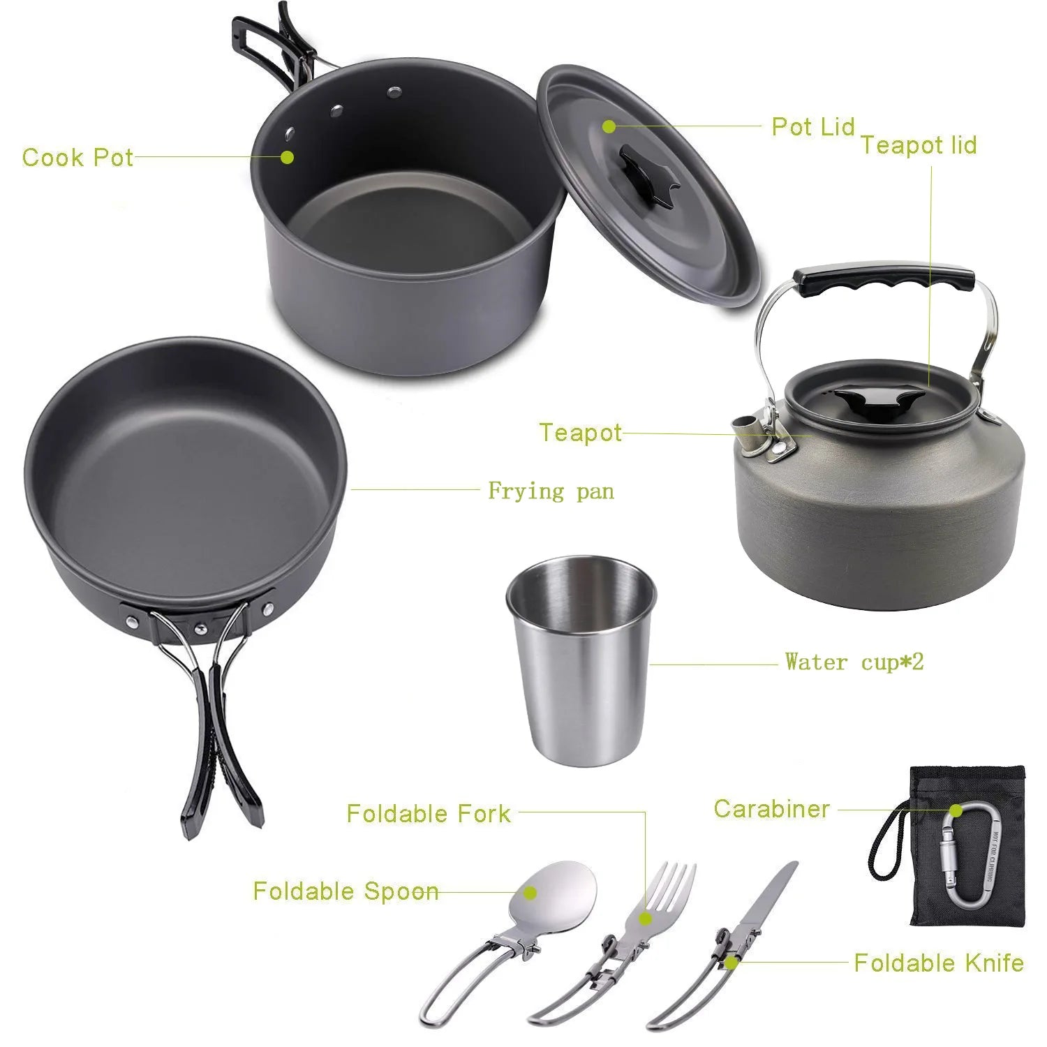 Outdoor cooking utensils, camping cookware, water heaters, tea pots, frying pans, portable outdoor stoves, camping tableware