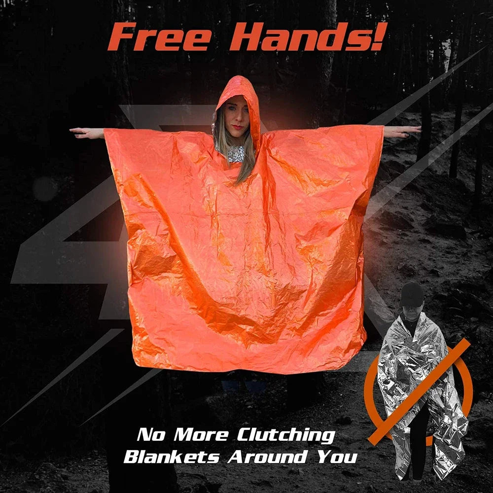 LIFE poncho Emergency Survival Rain Poncho Thermal Survival Space Blanket Raincoat Heat Reflective Waterproof for Camping Hiking