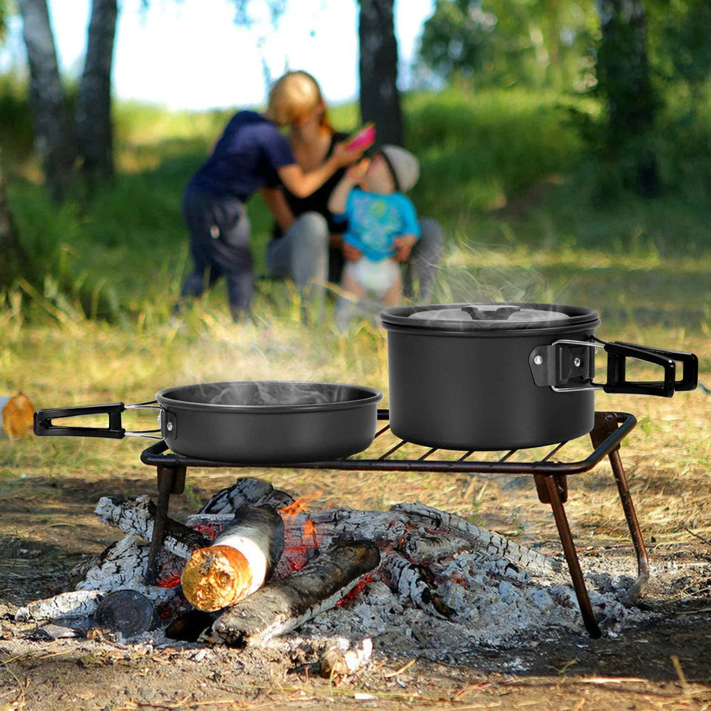 Outdoor cooking utensils, camping cookware, water heaters, tea pots, frying pans, portable outdoor stoves, camping tableware