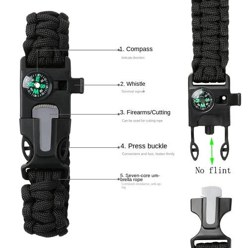 (No flint) Outdoor  Survival Umbrella Rope SOS Bracelet Emergency Rescue Bracelet Compass Sport Tactical  Whistle Bracelets