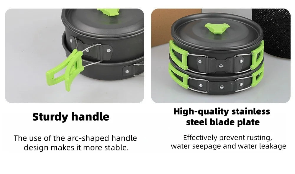 Outdoor cooking utensils, camping cookware, water heaters, tea pots, frying pans, portable outdoor stoves, camping tableware