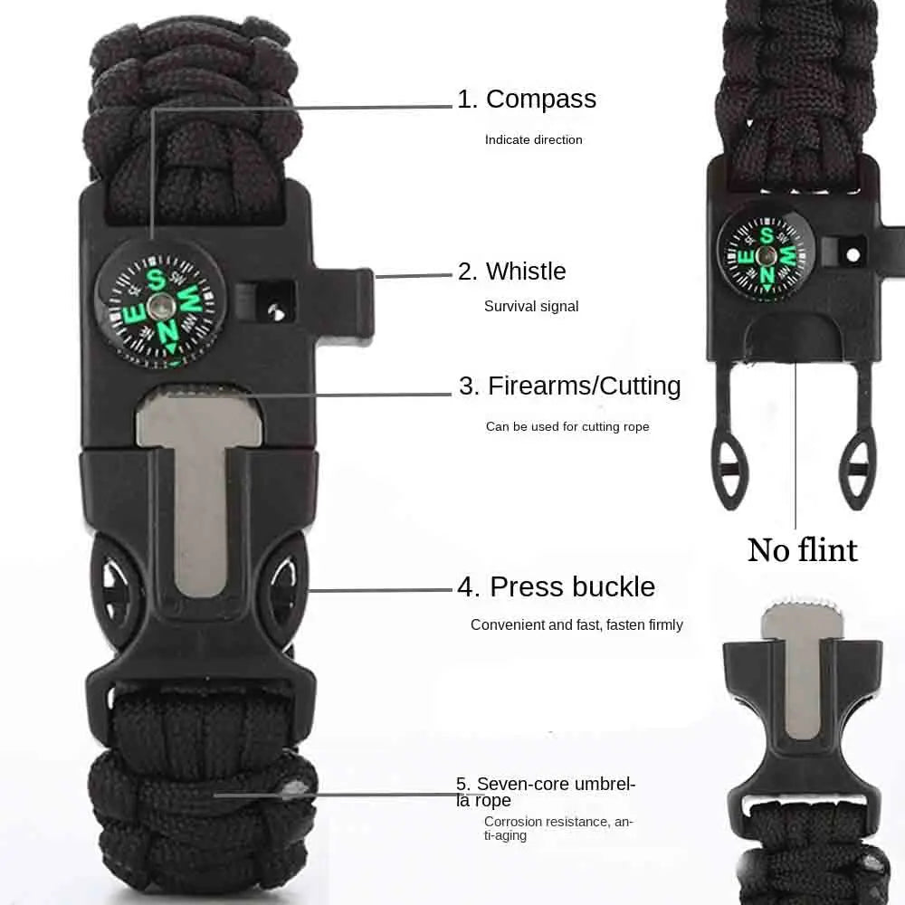 (No flint) Outdoor  Survival Umbrella Rope SOS Bracelet Emergency Rescue Bracelet Compass Sport Tactical  Whistle Bracelets