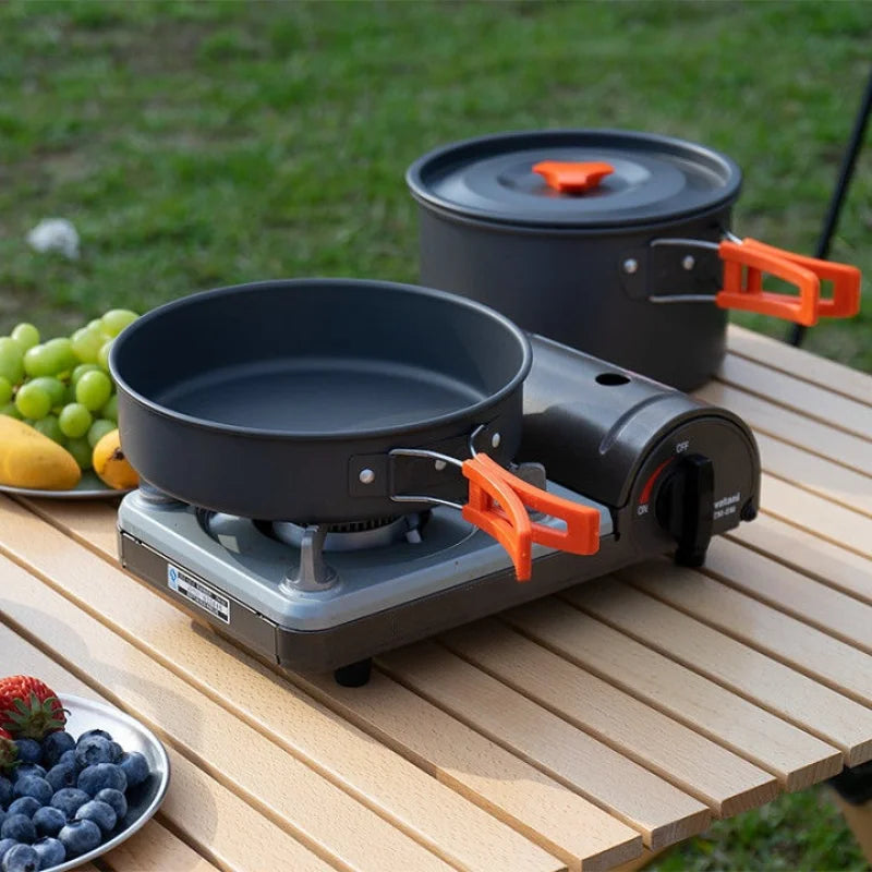 Outdoor cooking utensils, camping cookware, water heaters, tea pots, frying pans, portable outdoor stoves, camping tableware