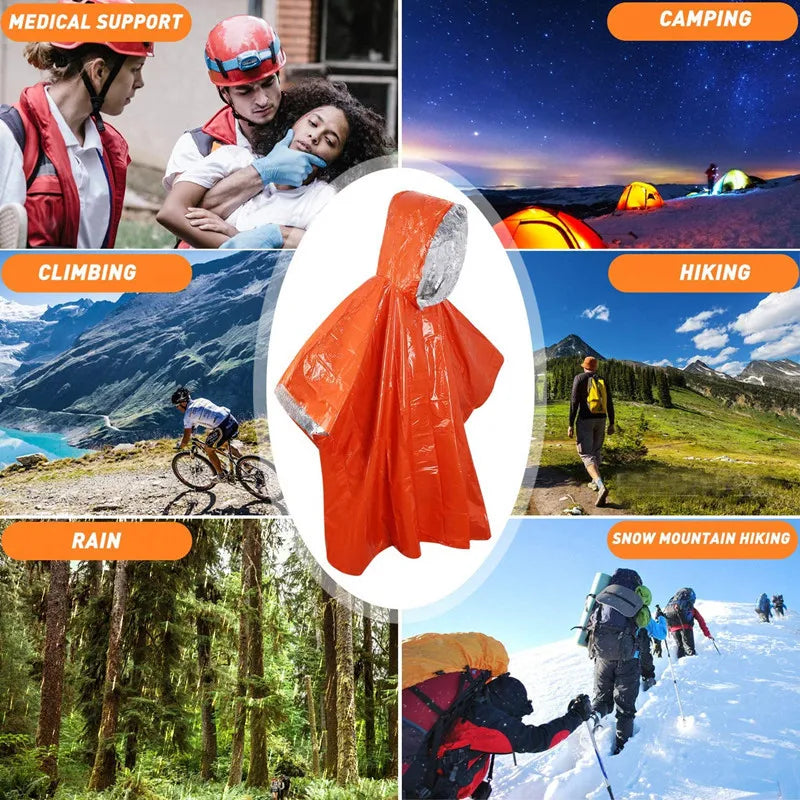 LIFE poncho Emergency Survival Rain Poncho Thermal Survival Space Blanket Raincoat Heat Reflective Waterproof for Camping Hiking